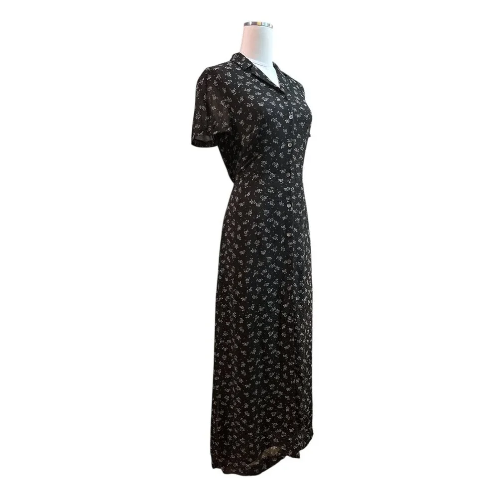 Vtg Dark Academia Ditzy Floral Maxi Dress Sz 8 Button Front Collared Cottagecore - Picture 7 of 15